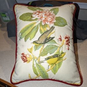 Vintage Canada Warbler quilted throw pillow velvet back decor bird beige red
